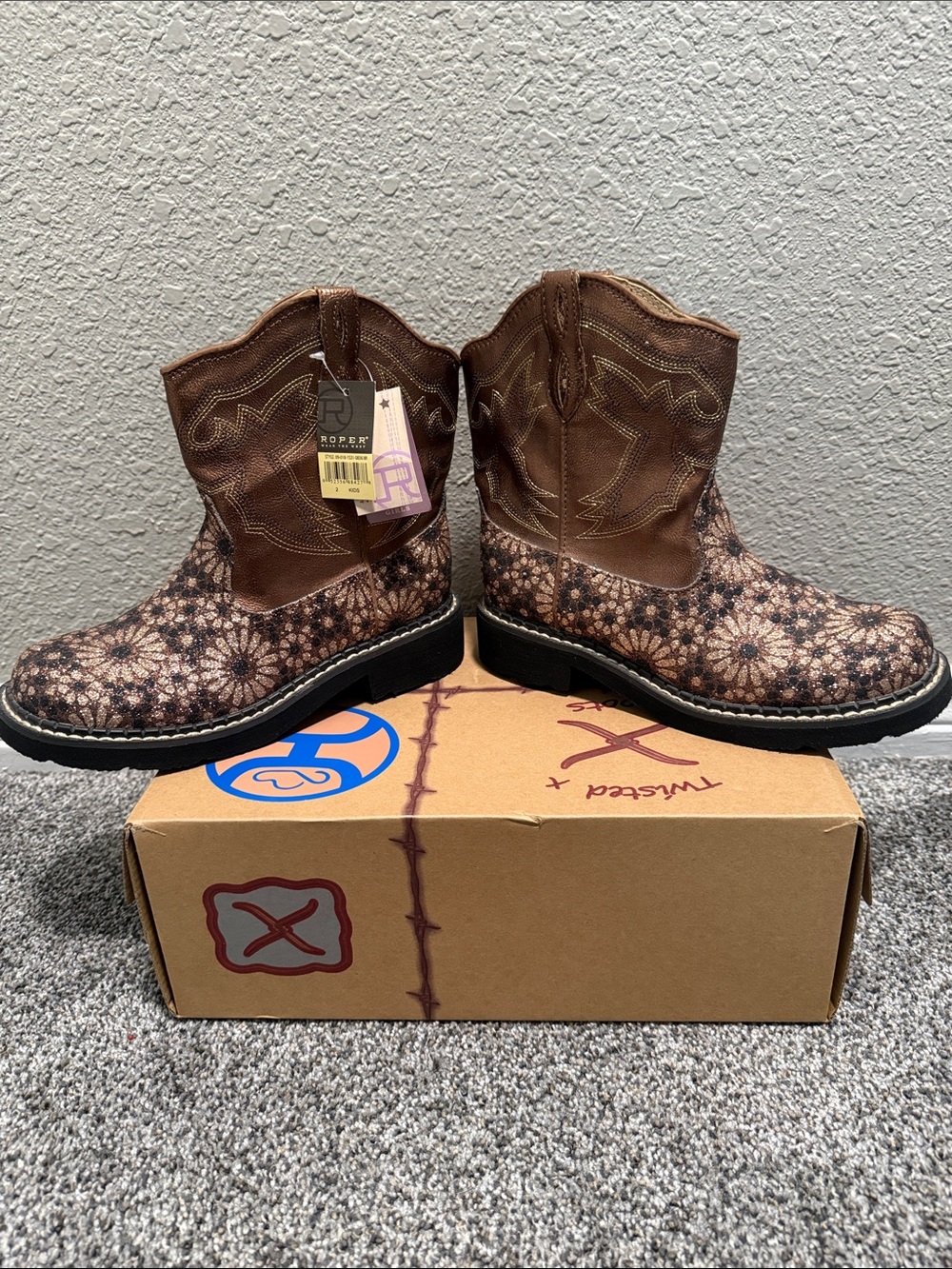 Roper Brown Floral Print Kids Western Boots